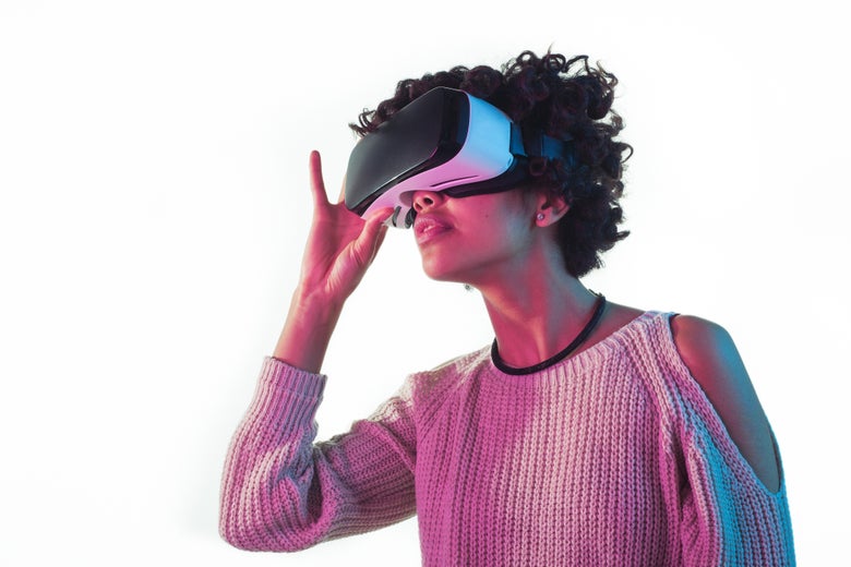 A woman lost in a VR headset